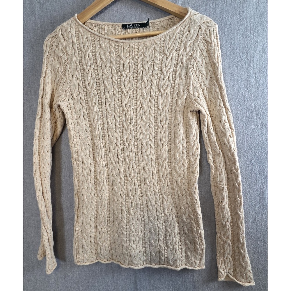 Lauren Ralph Lauren S Pullover Sweater Cable Knit Oatmeal Boat Neck Fisherman